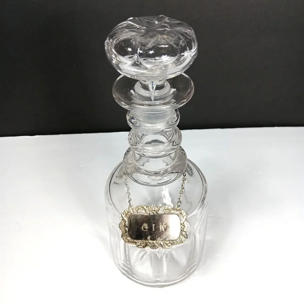 Vintage Glass Decanter Gin English Silverplate Label Tag Mushroom Stopper